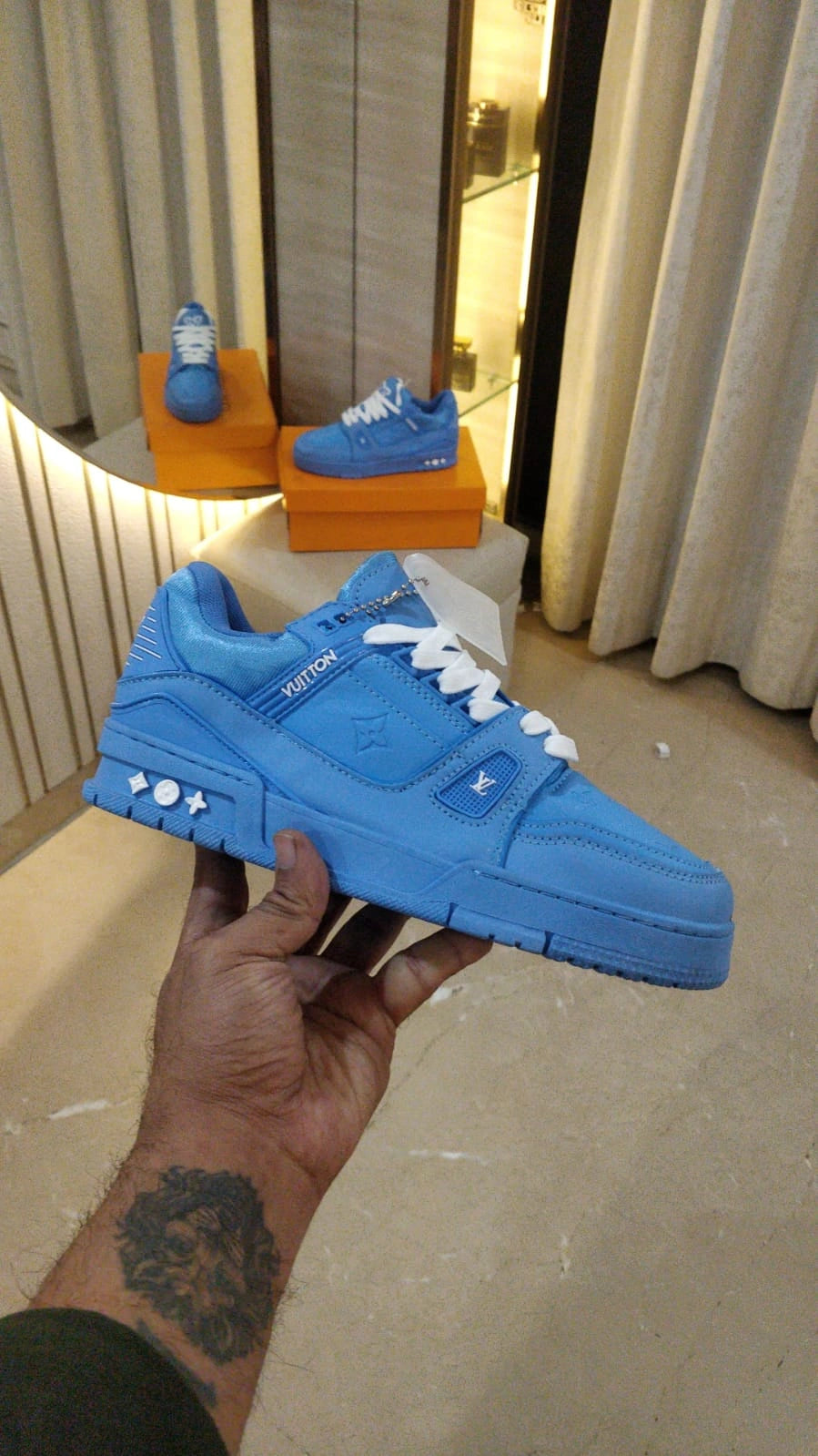 LV style blue trainer sneakers for men side view