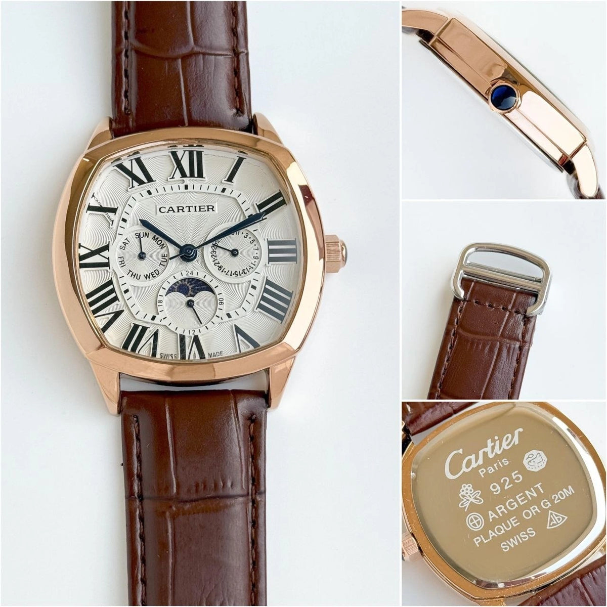 Square case watch with multi-subdial design