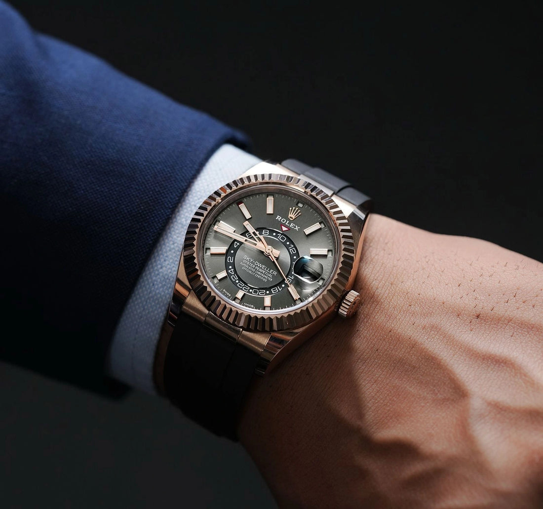 Close-up view of fluted bezel automatic men's watch