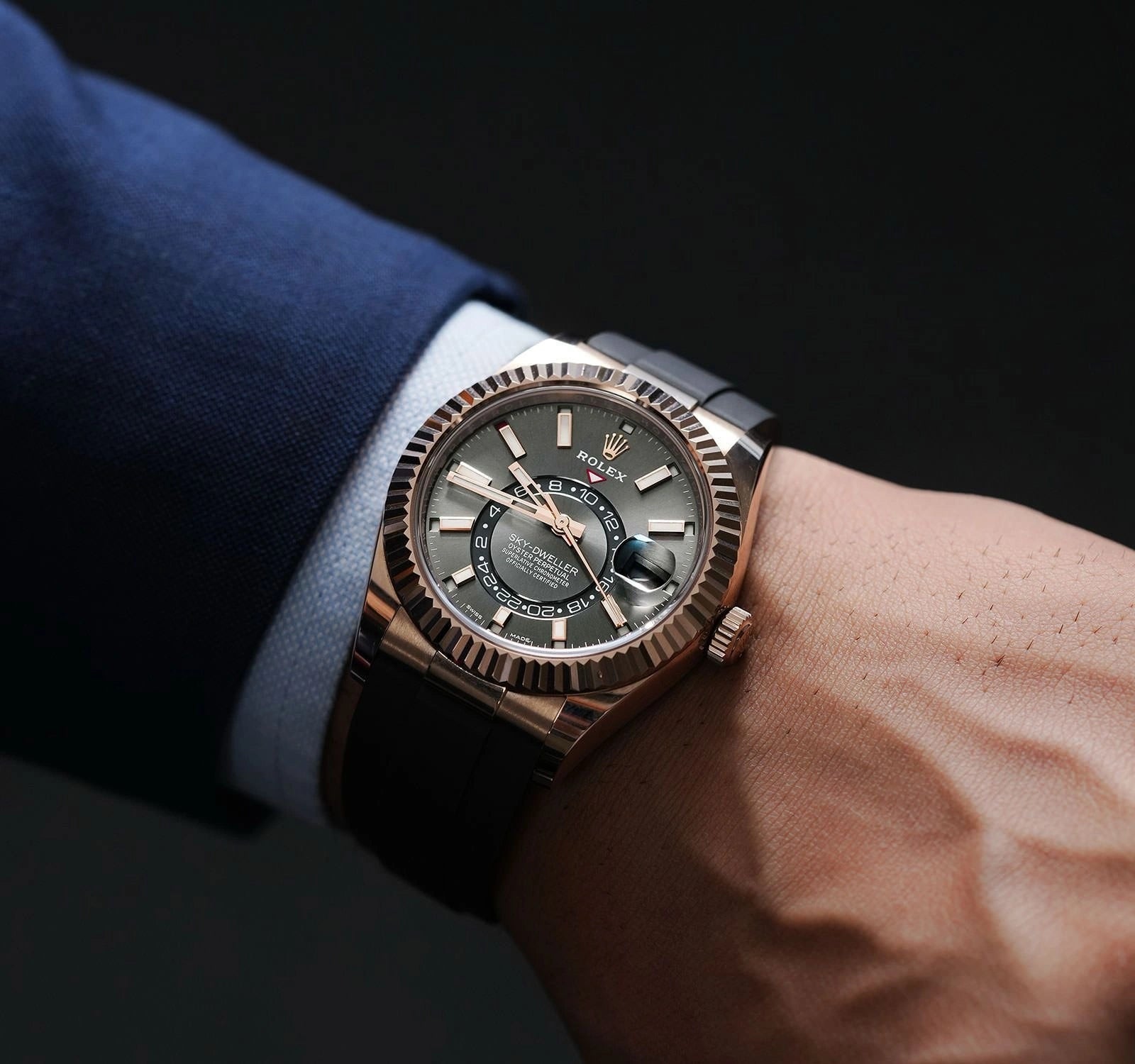 Close-up view of fluted bezel automatic men's watch