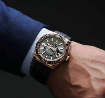 Close-up view of fluted bezel automatic men's watch