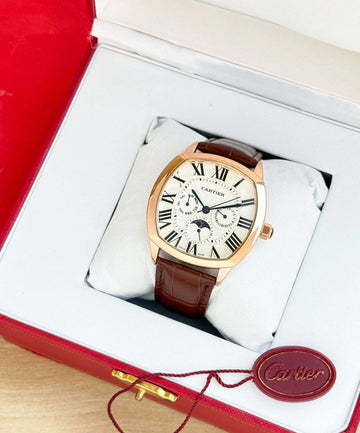 Men's square slim watch with brown leather-style strap