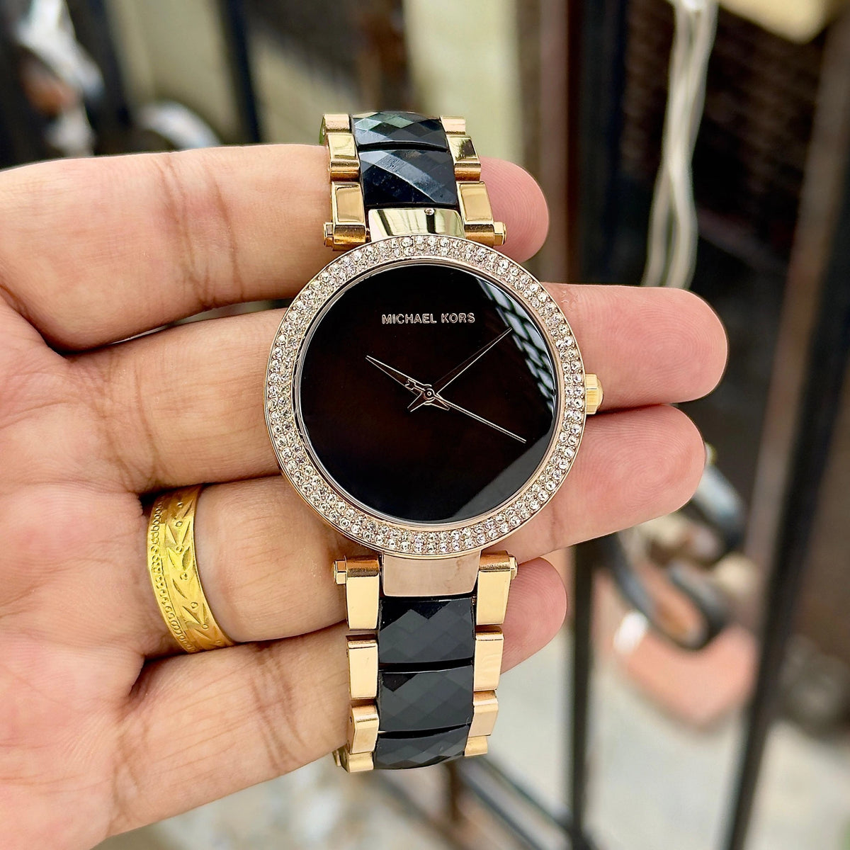 Michael Kors Parker 39mm black dial watch for women.
