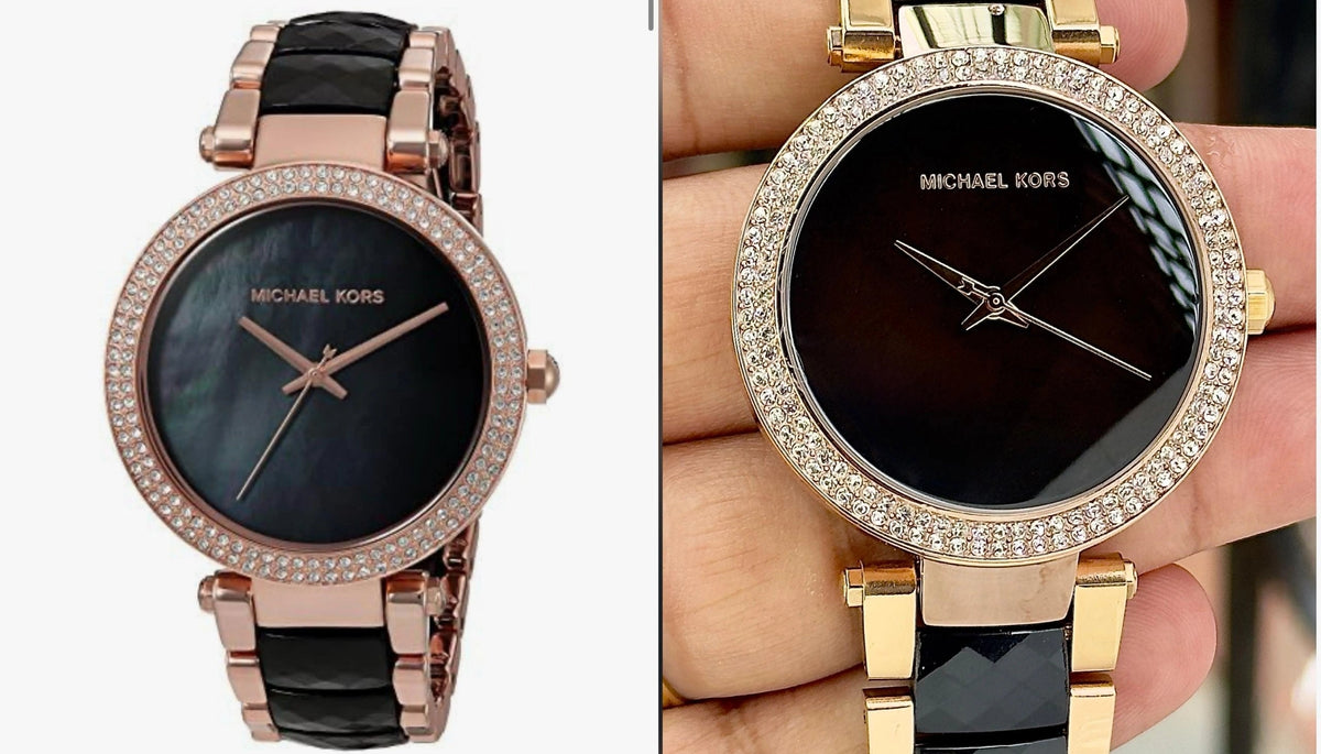 Michael Kors Parker MK6414 women's black and gold-tone wristwatch.