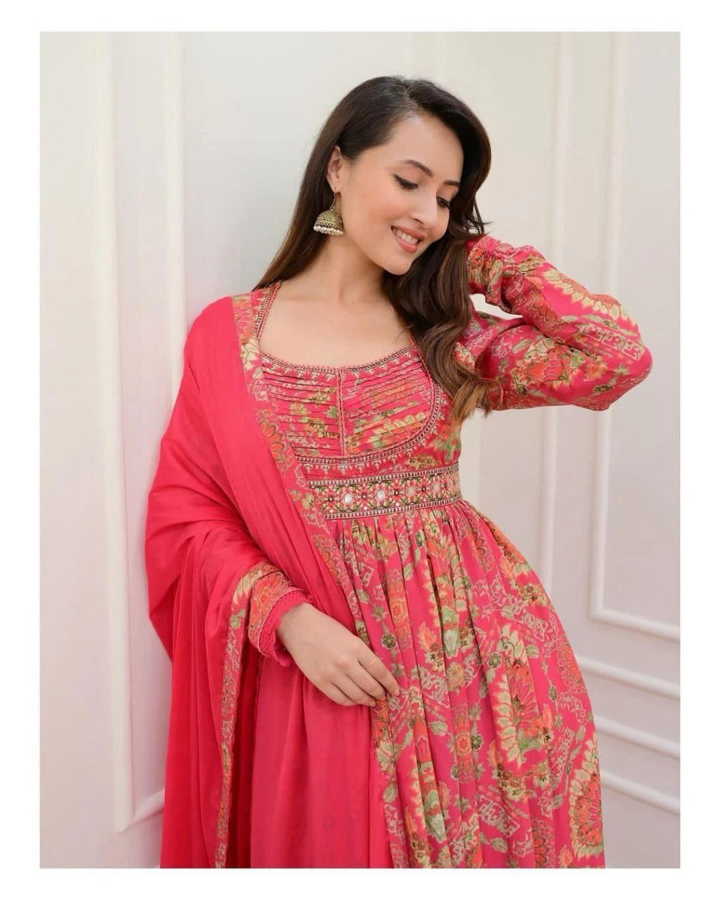 Detailed mirror work on multicoloured georgette Anarkali fabric