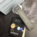 MoonSwatch-inspired watch with detailed analog dial.