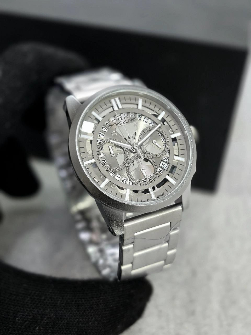 mont blanc silver dial chronograph men watch