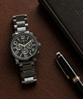 Close-up of Montblanc black dial chronograph watch