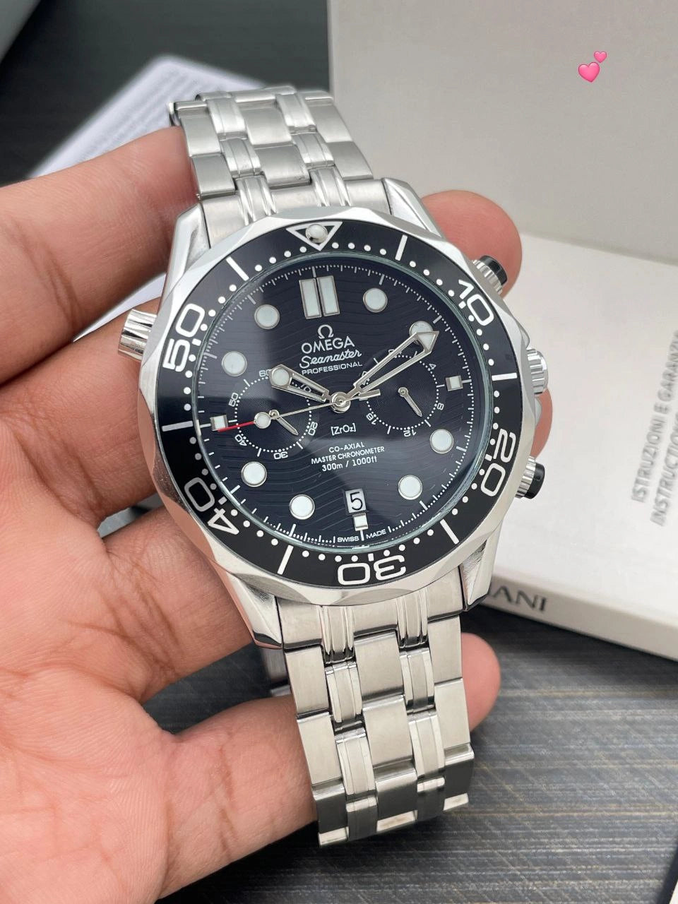 Omega Seamaster style black dial stainless steel watch for men