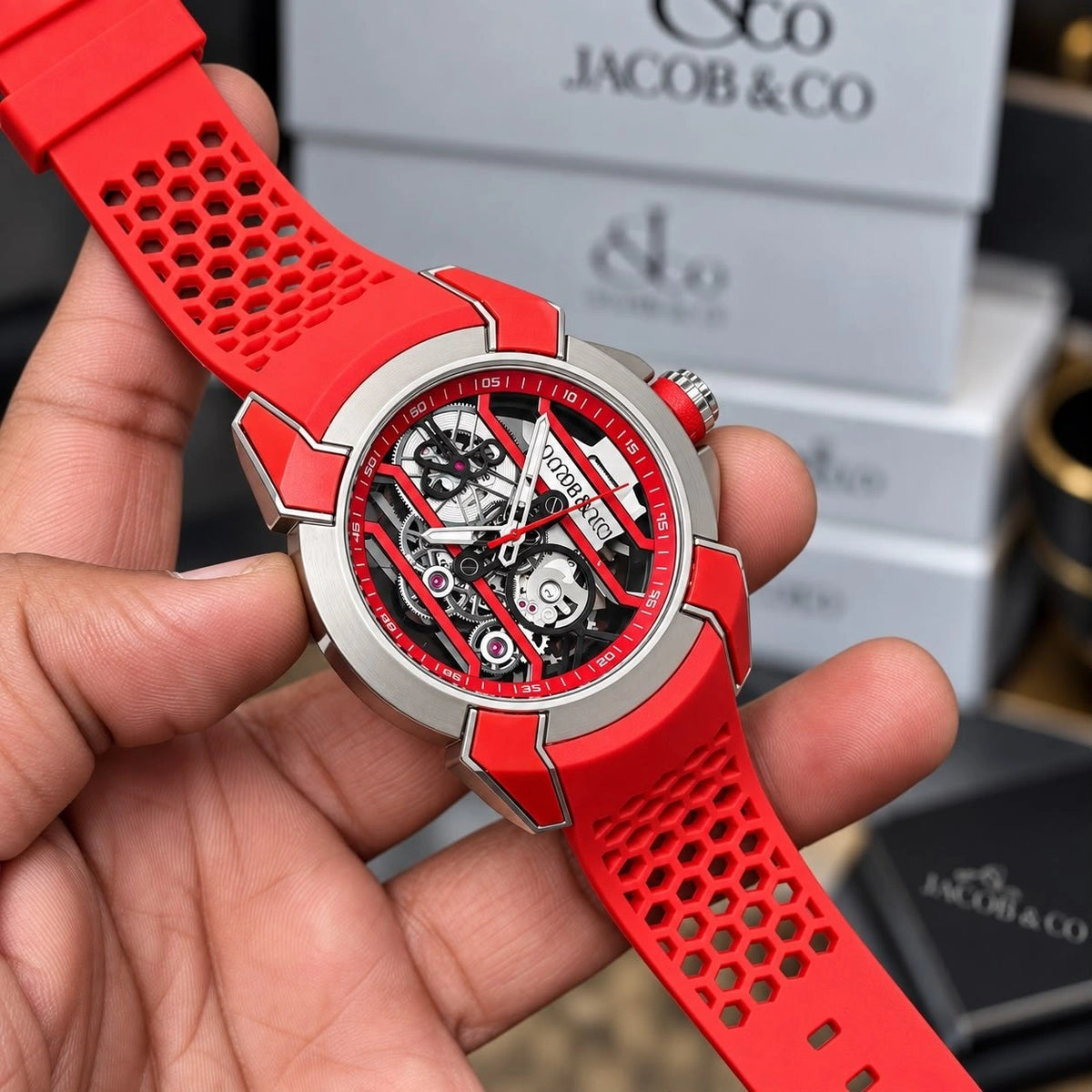 Men's watch with honeycomb-patterned orange strap