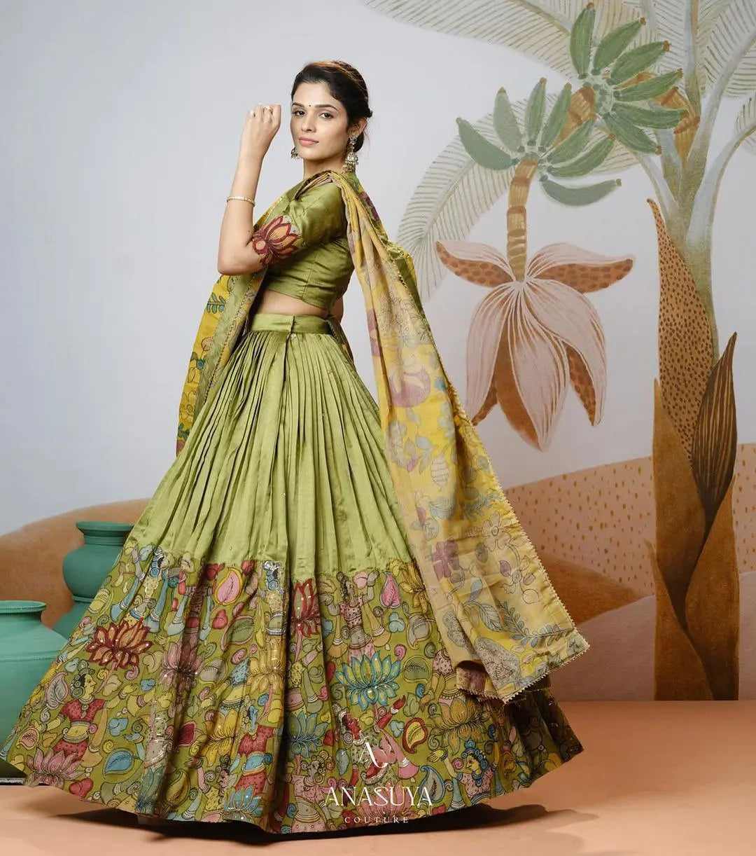 Kalamkari Lehenga Choli by Shreemall – Traditional Chinon fabric lehenga with intricate print.