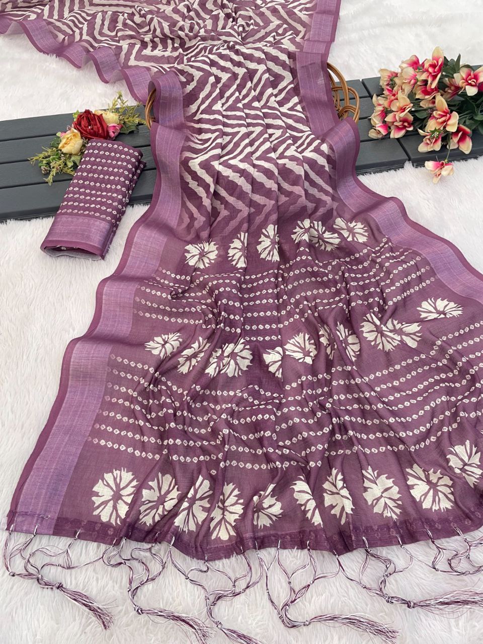 Soft Purple Chevron Linen Saree – Trendy Designer Saree Online NextBuy
