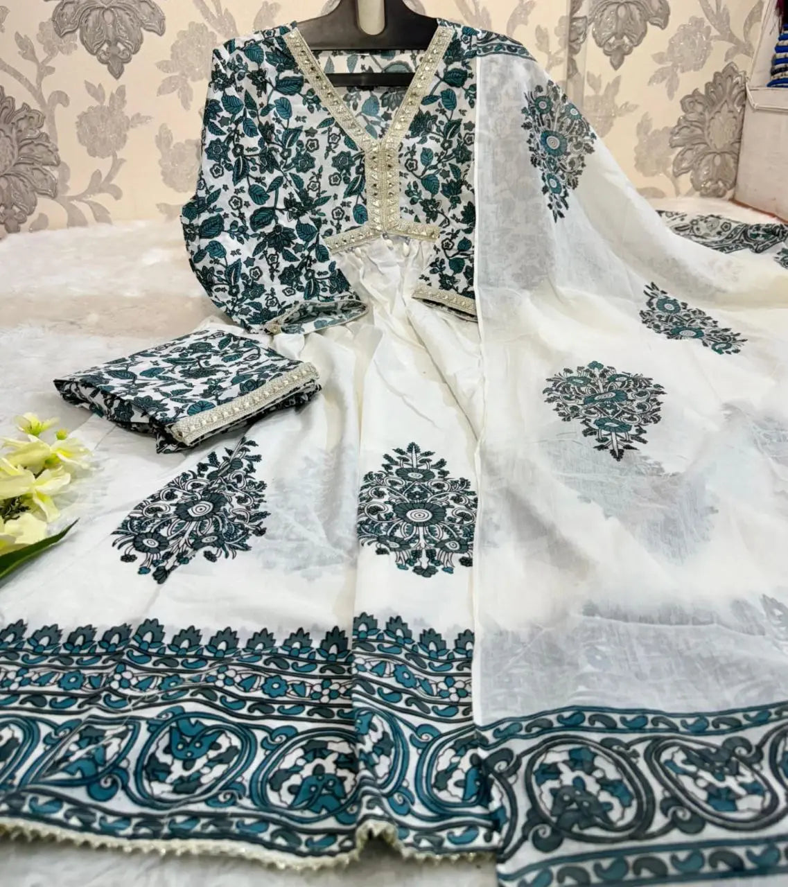 Stylish Alia Cotton Flair Kurti With Pant And Malmal Dupatta NextBuy