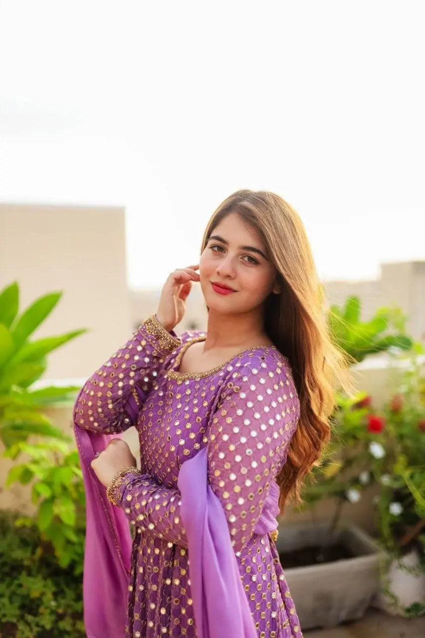 Designer Anarkali Suit with Fancy Lace Sleeves and Sequins Detailing