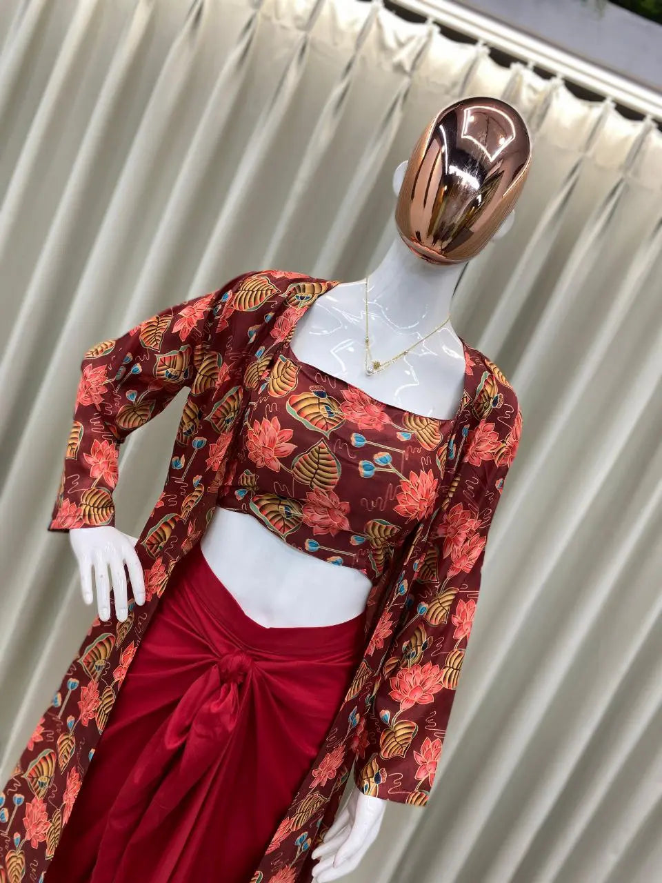 Stylish Crape Silk Blouse and Draped Skirt Set with Shrug