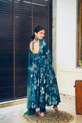 Stunning Blue Muslin Suit Set with Two Shaded Dupatta and Lace Details