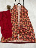 Chic Three-Piece Crape Silk Outfit with Blouse, Skirt, and Shrug
