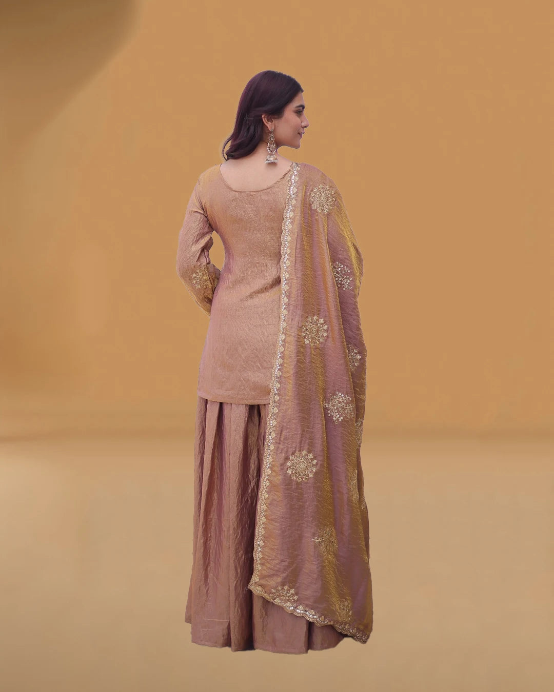 Premium embroidered top sharara dupatta set with round neck kurti and 2.2 meter lace border dupatta