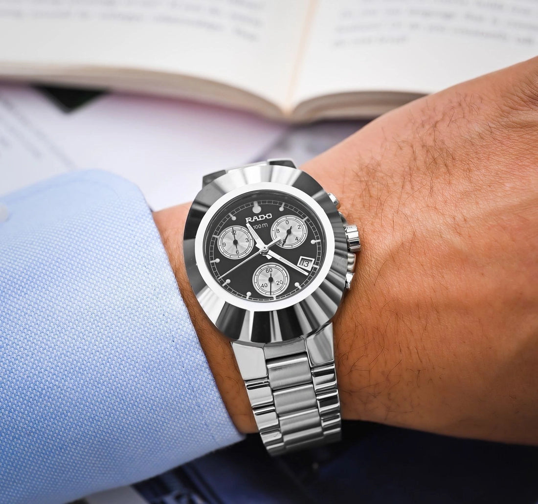 Rado silver chronograph watch for men with black dial