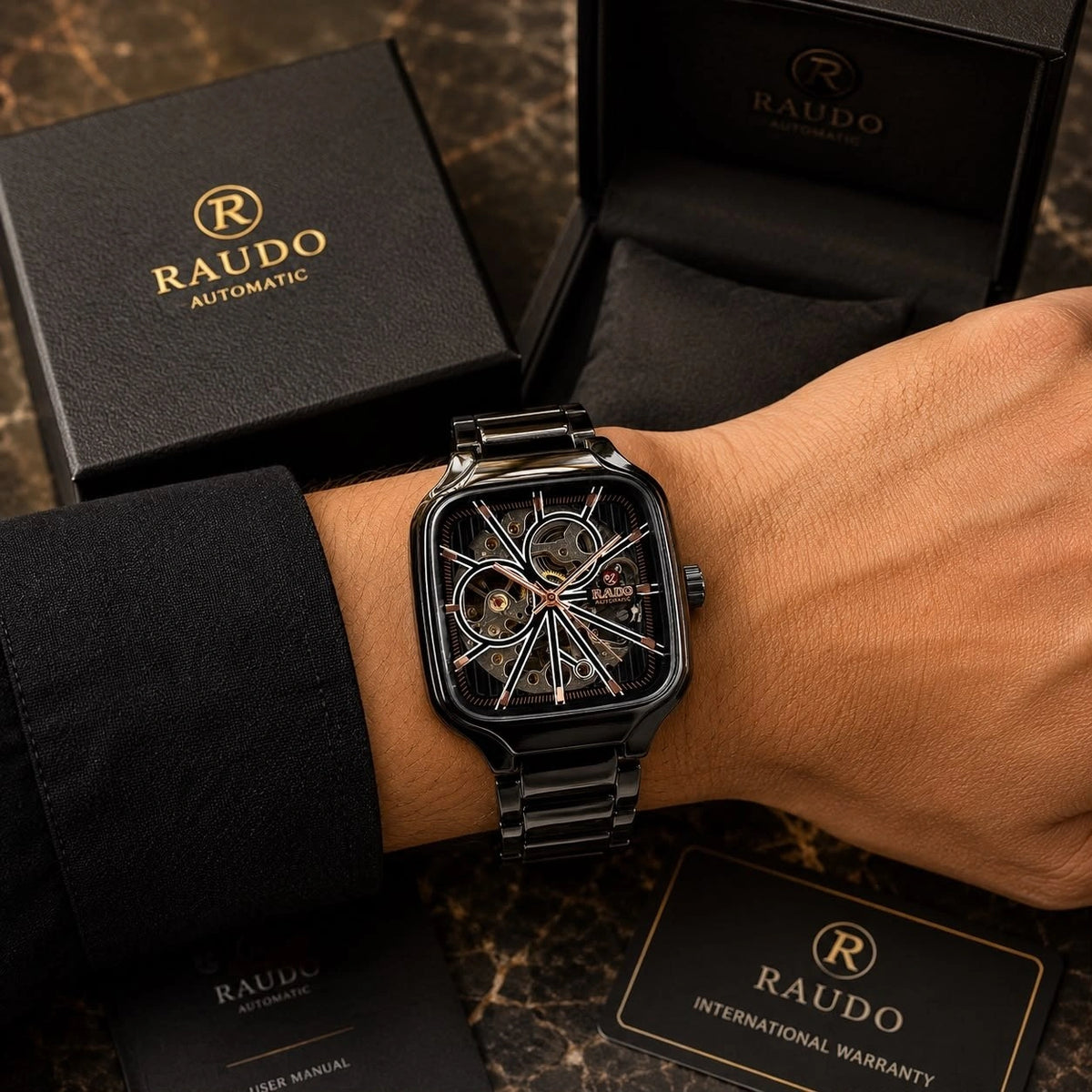 Rado True Square style automatic skeleton black watch for men