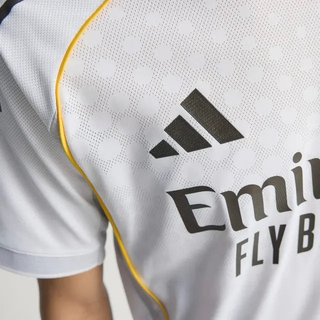 Model wearing Real Madrid home jersey