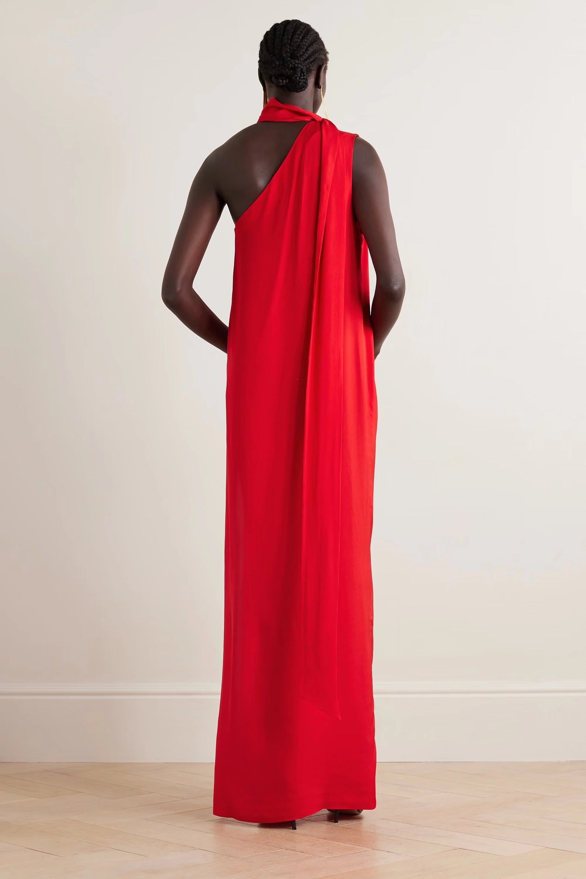 Stylish red formal evening maxi dress for women back side view
