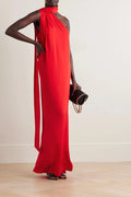 Red one shoulder luxury viscose silk party wear maxi dress for women