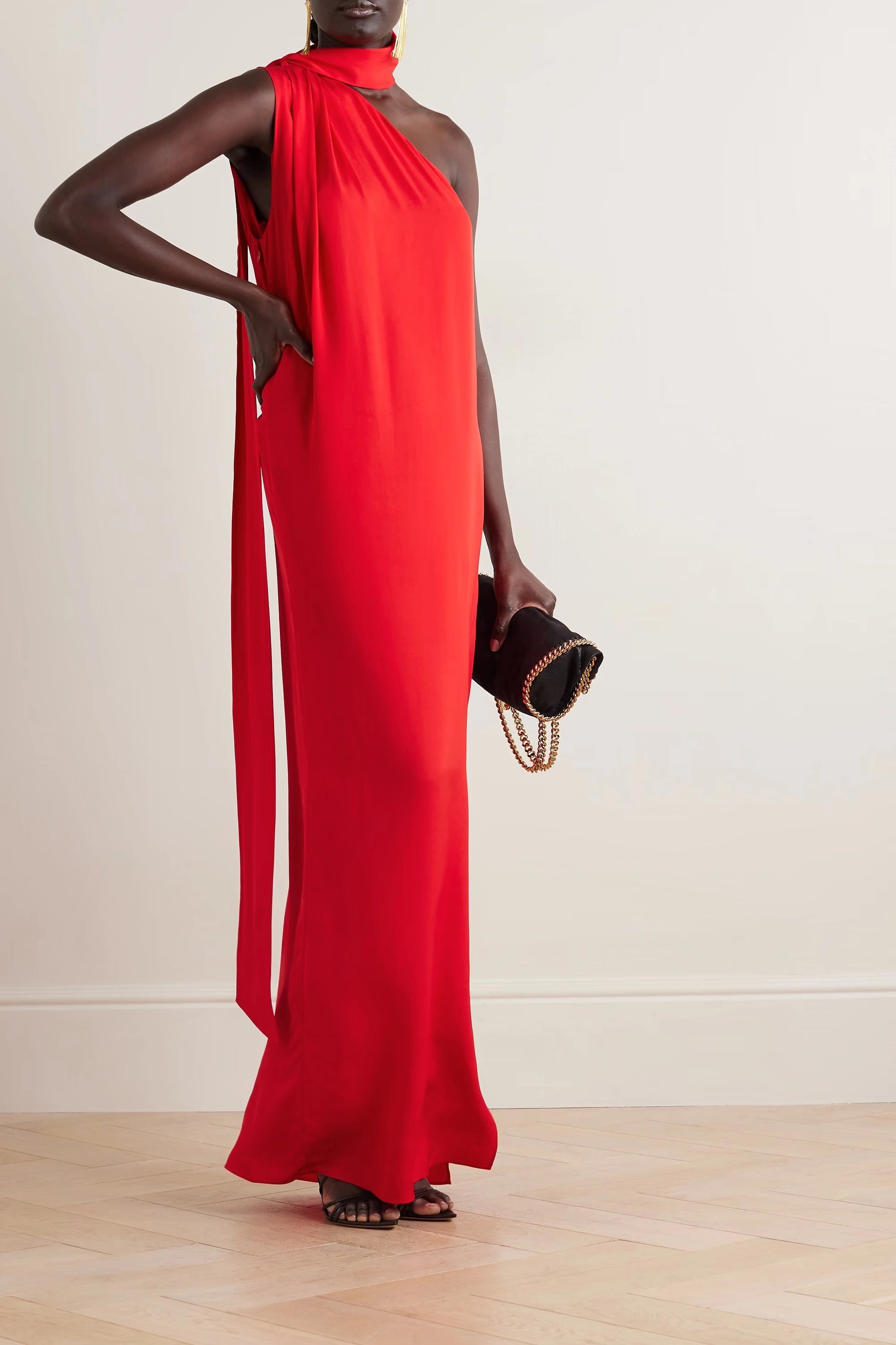 Red one shoulder luxury viscose silk party wear maxi dress for women