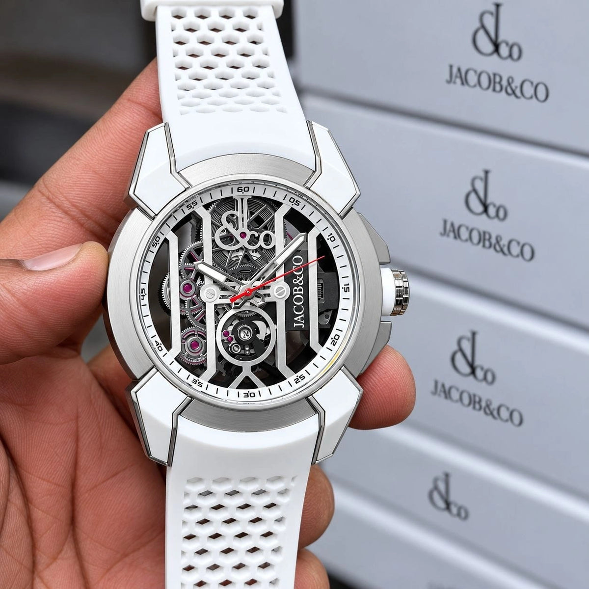 Rose gold-tone watch with detailed open-worked dial