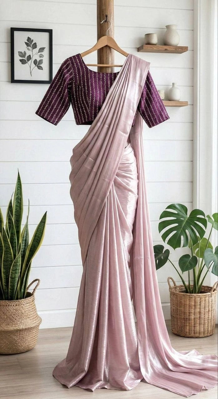 Ruby wine imported satin pre draped saree with blouse