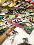 ASICS style sneakers for men in maroon white and black