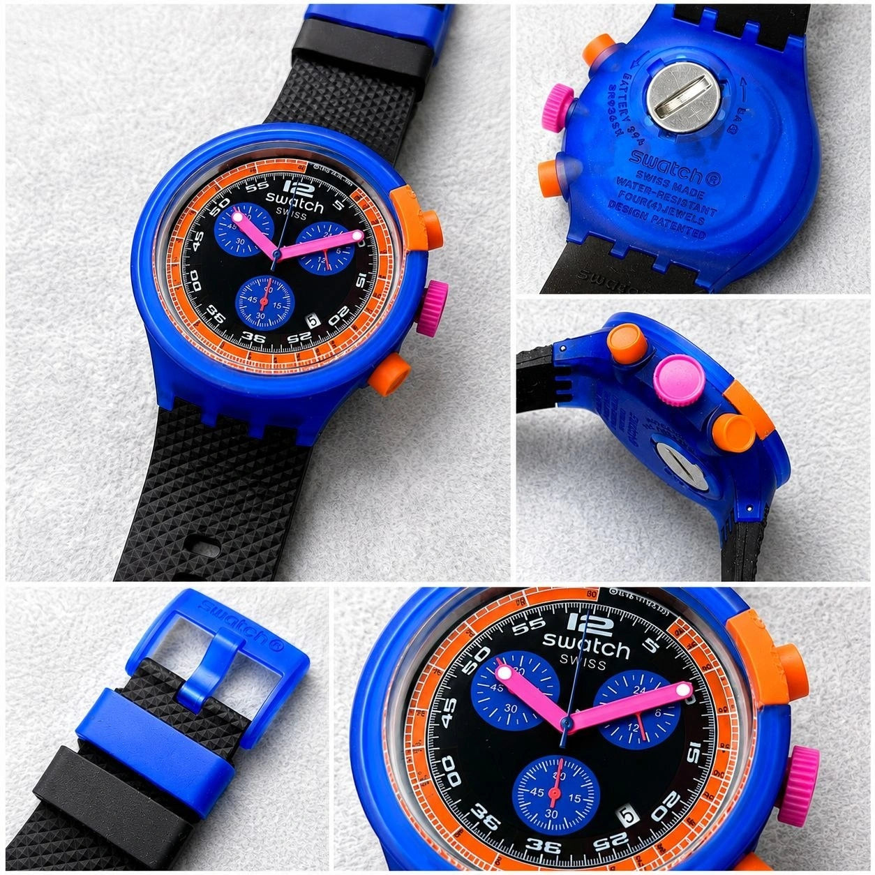 Unisex quartz watch with blue case and black strap