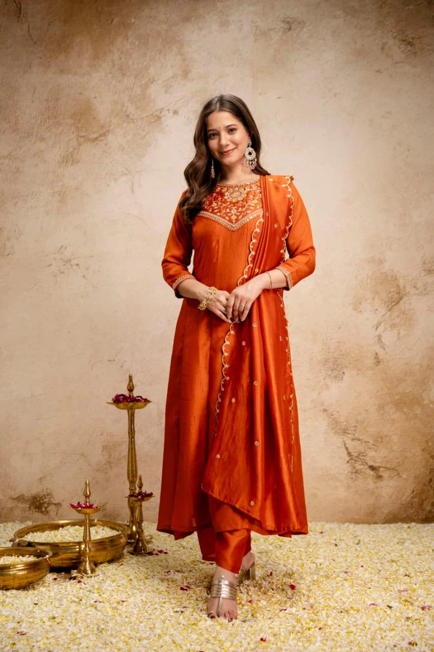 vichitra silk kurti pant dupatta set