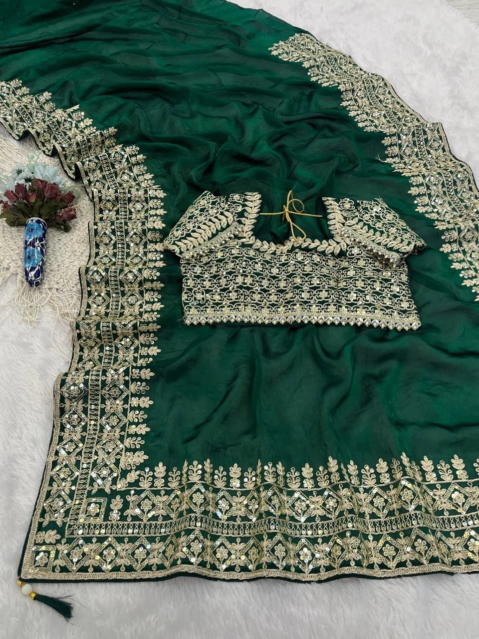 Premium party wear satin saree with embroidered blouse