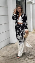 women abstract print coord set back view