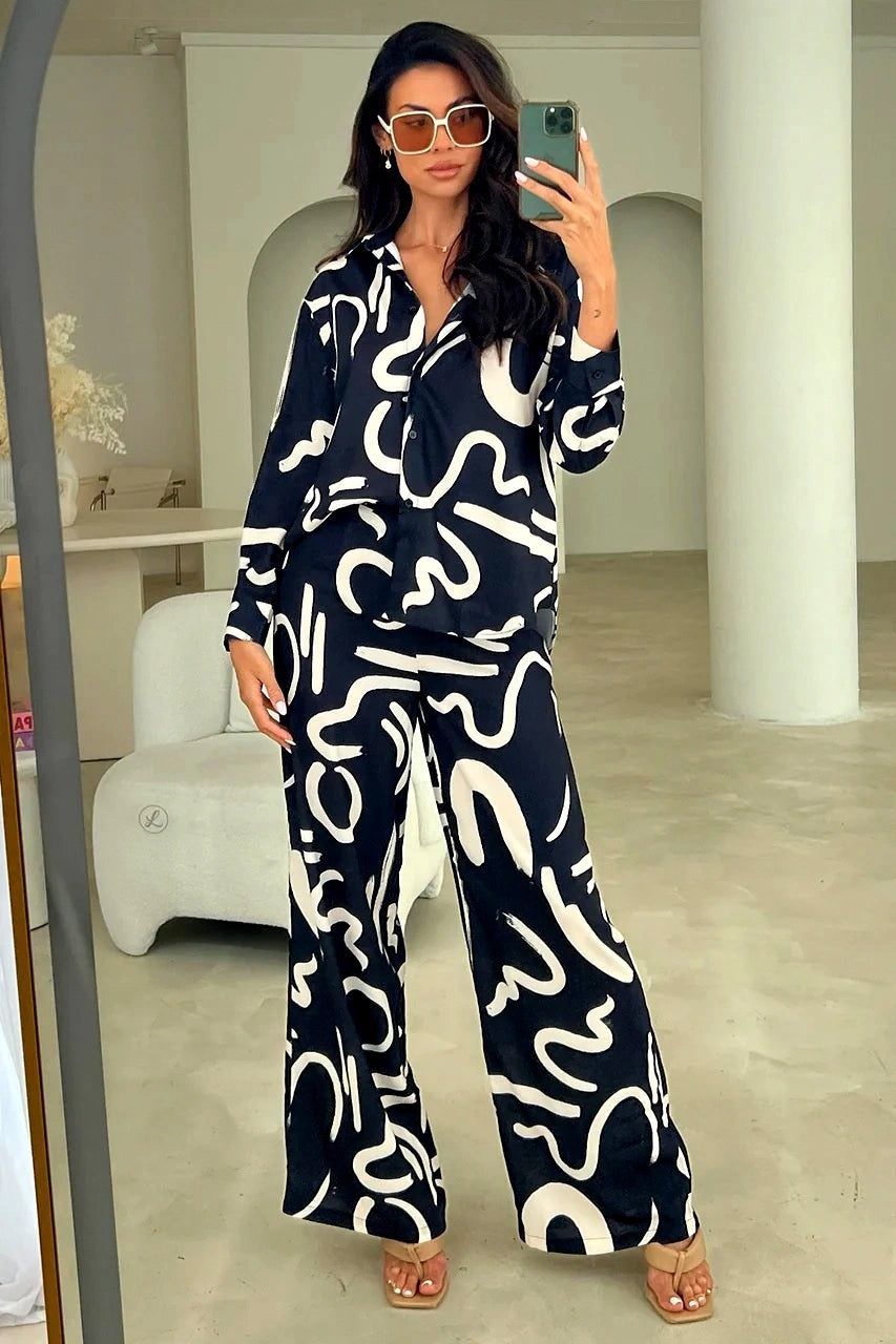 women abstract print korean bsy coord set black front view
