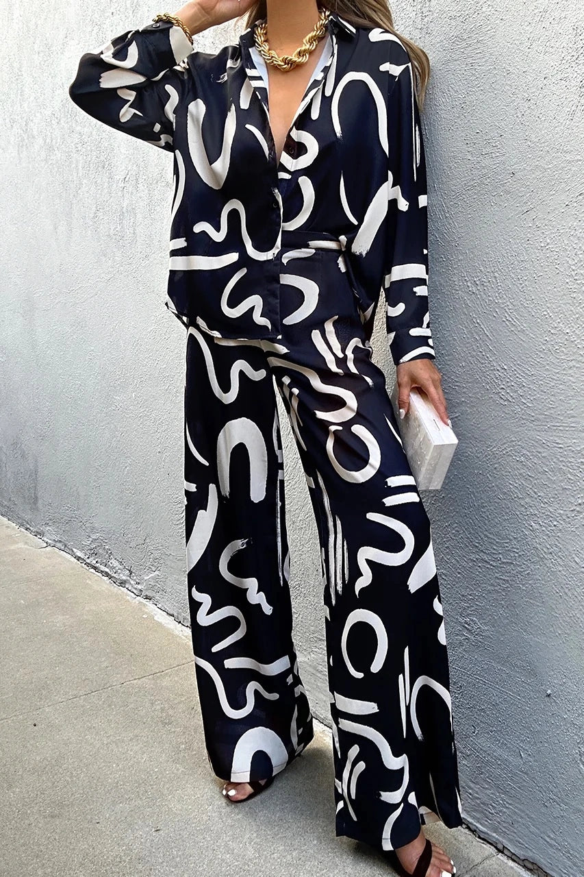 women abstract print korean bsy coord set black