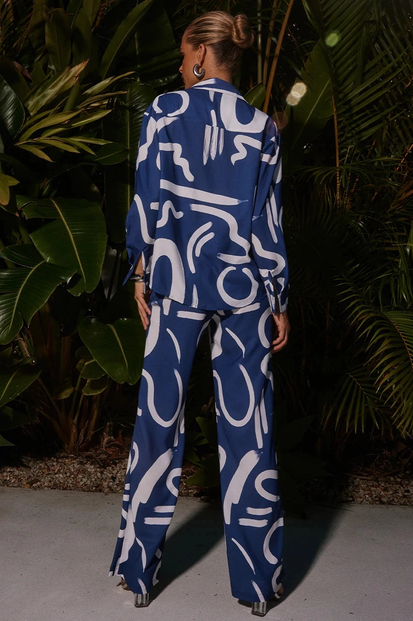 women blue abstract shirt pant coord set back view NEXTBUY