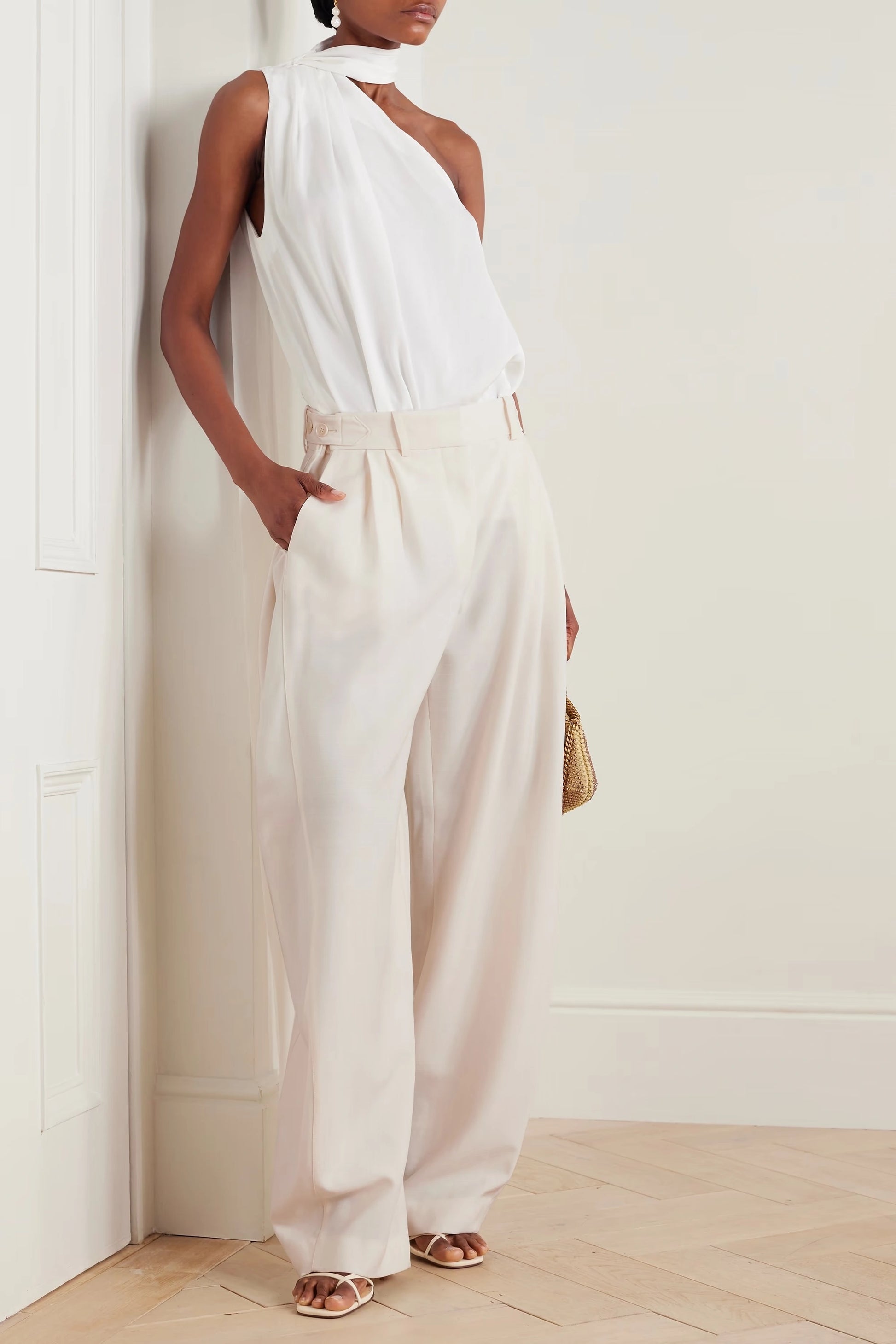 women slub luxe wide leg pants cream