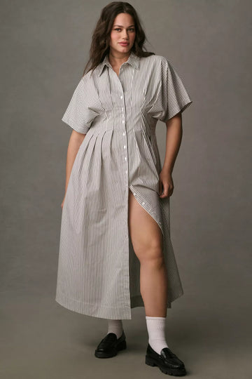 womens-striped-rayon-blend-shirt-dress-brown-front-view