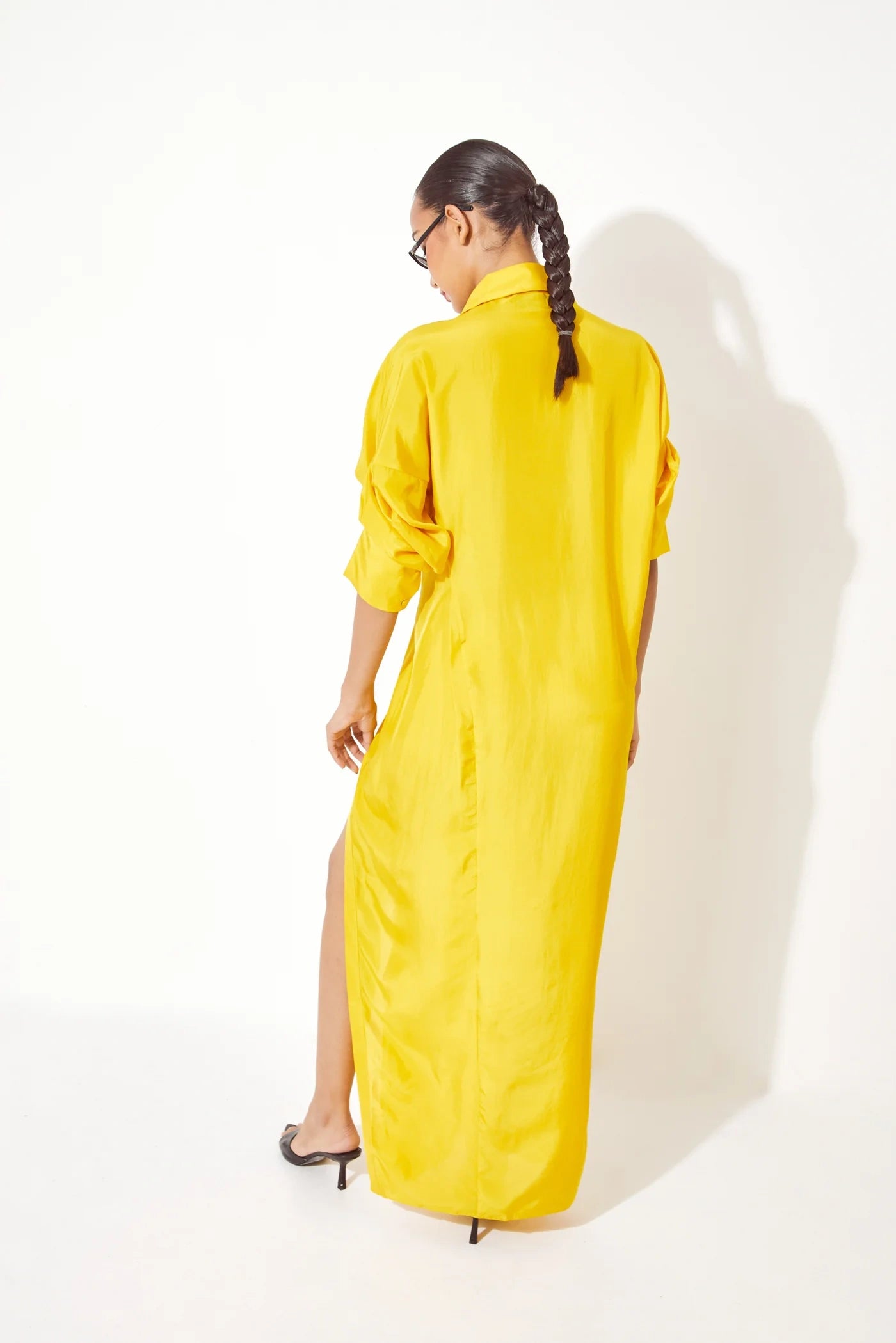 Women's yellow viscose silk button down long dress