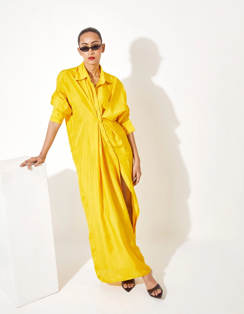 Yellow natural viscose silk twist front maxi dress for women